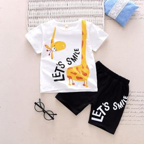 2pcs Toddler Boy Playful Letter Giraffe Print Tee and Shorts Set
