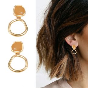 Women Color Contrast Asymmetry Hollow Out Geometric Metal Dangle Earrings
