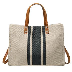 Simple Large-capacity Handbag Vintage Striped Shoulder Messenger Bag OL Business Briefcase Linen Handbag