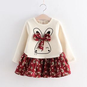 Baby Girl 95% Cotton Long-sleeve Cartoon Rabbit and Floral Print Bowknot Faux-two Dress
