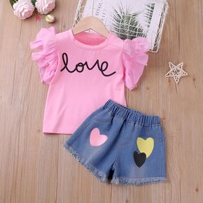 2pcs Toddler Girl Letter Print Mesh Flutter-sleeve Pink Tee and Heart Print Denim Shorts Set