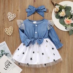 Baby 2pcs blauer langärmliger Spleissstern weißes Mesh Bowknot-Kleid-Set