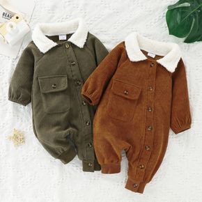 Baby Boy Fleece Lapel Collar Solid Corduroy Long-sleeve Jumpsuit