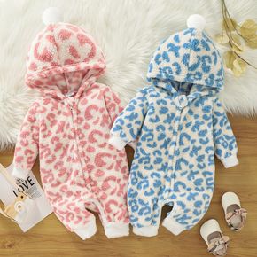 Baby Boy/Girl All Over Leopard Thickened Fleece Pom-pom Hooded Long-sleeve Jumpsuit