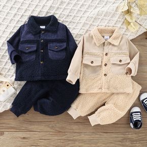 2pcs Baby Boy/Girl Thickenen Fuzzy Fleece Splicing Corduroy Long-sleeve Jacket and Trousers Set
