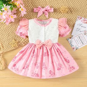 2 Stück Baby Mädchen Spitze Spleißen Blumendruck Puffärmel Rüschen Bowknot Partykleid mit Stirnband Set