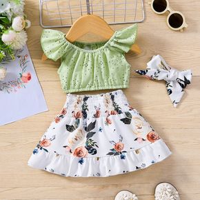 3pcs Baby Girl Flutter-sleeve Eyelet Crop Top and Allover Floral Print Shirred Ruffle Skirt with Headband Set