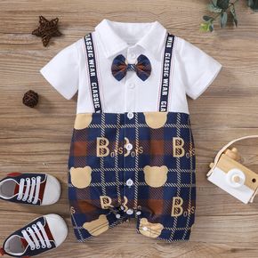 Baby Boy Gentleman Outfit Solid Splicing Bear Print Plaid Bow Tie Short-sleeve Romper