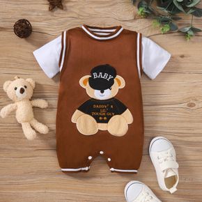 Baby Boy/Girl 95% Cotton Short-sleeve Faux-two Cartoon Bear & Letter Embroidered Romper