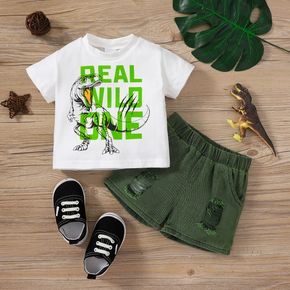 2pcs Baby Boy 100% Cotton Ripped Denim Shorts and Dinosaur & Letter Print Short-sleeve T-shirt Set