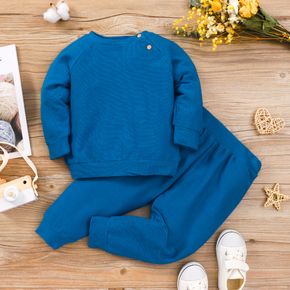 2pcs Toddler Boy Basic Button Design Raglan Sleeve Solid Color Sweatshirt and Elasticized Pants Set