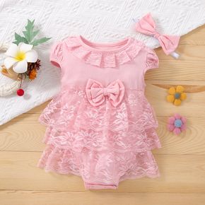 2pcs Baby Girl Pink Layered Lace Ruffle Cap Sleeve Party Romper with Headband Set