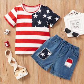 2-piece Baby / Toddler Boy Flag Tee and Denim Shorts Set of independence Day