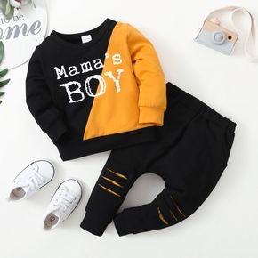 2-piece Toddler Boy Letter Print Colorblock Pullover and Cut Out Pants Set