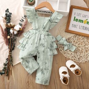 100% Cotton 2pcs Baby Floral Print Green Sleeveless Ruffle Overalls Set