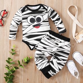 2pcs Cartoon Face and Abstract Stripes Print Long-sleeve Cotton Romper Set