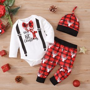 Christmas 3pcs Baby Reindeer and Letter Print Cotton Long-sleeve Romper with Red Plaid Trousers Set