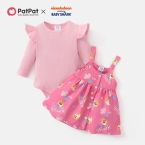 Baby Shark 2pcs Baby Girl Print Pink Sleeveless Overall Dress and Ribbed Long-sleeve Romper Set