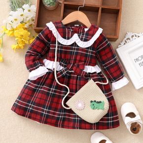 100% Cotton Plaid Print Doll Collar Ruffle Decor Long-sleeve Red Baby Dress