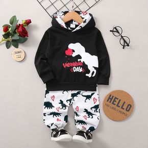 Valentine's Day 2-piece Toddler Boy Letter Heart Dinosaur Print Black Hoodie Sweatshirt and Elasticized Pants Set