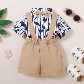 Stripe Holiday Baby Boy 2pcs Striped Leaf Print Bow Tie Short-sleeve Blue Shirt and Solid Khaki Shorts with Shoulder Straps Set