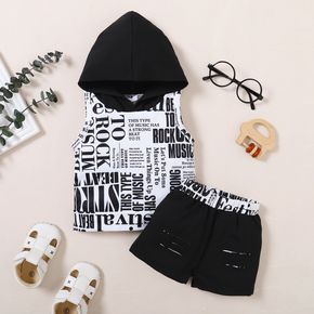 2pcs Baby Boy All Over Letter Print Hooded Sleeveless Tank Top and Ripped Shorts Set