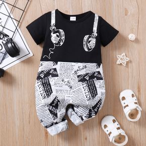 Baby Boy Headphones & Newspaper Print Splice Short-sleeve Jumpsuit