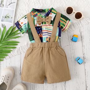2pcs Baby Boy 100% Cotton Suspender Shorts and All Over Print Short-sleeve Romper Party Outfits Set