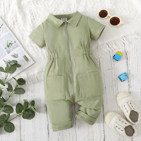 100% Cotton Baby Boy/Girl Solid Short-sleeve Zipper Jumpsuit with Pockets