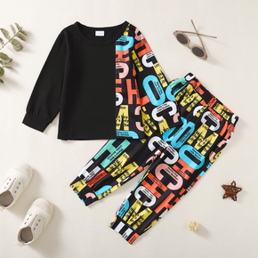 Toddler Boy 2pcs Letter Print Long-sleeve Pullover Top and Pants Black Set