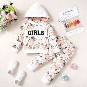 Toddler Girl 2pcs Floral Allover Letter Print Hooded Long-sleeve Hoodie Top and Pants White Set