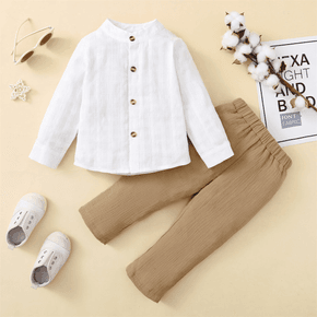 Toddler 100% Cotton 2pcs Solid Textured Stand Collar Long-sleeve White Shirt Top and Khaki Pants Set