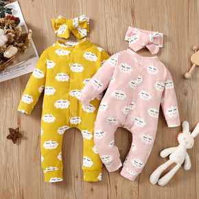 Baby 2pcs Cloud Allover Long-sleeve Pink or Yellow Jumpsuit with Headband Set
