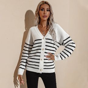 Black and White Stripe Button Long-sleeve Knit Cardigan