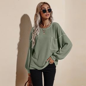 Solid Color Slant Pocket Round-collar Long-sleeve Pullover