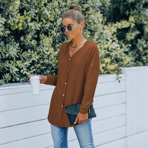 Waffle Single Breasted V Neck Long-sleeve Solid Color Coat