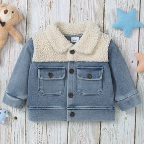 Toddler Girl/Boy Lapel Collar Button Design Fuzzy Denim Jacket