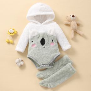 100% Cotton 2pcs Baby Boy/Girl Fuzzy Fleece Long-sleeve Hooded Romper with Knee High Socks Set