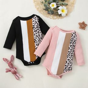 Baby Boy/Girl Leopard Colorblock Splicing Ribbed Long-sleeve Romper