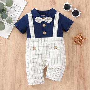 100% Cotton Baby Boy Short-sleeve Faux-two Button Up Splicing Plaid Romper