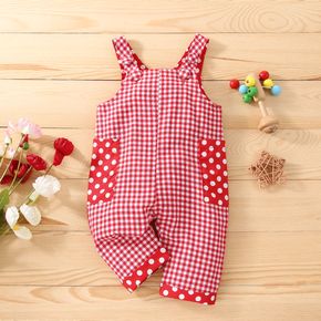 100% Cotton Baby Girl Red Plaid and Polka Dots Splicing Overalls