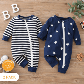 2-Pack Baby Boy 95% Cotton Long-sleeve Striped and Allover Stars Print Jumpsuits Set