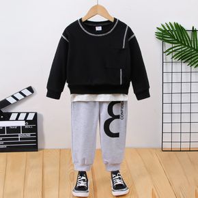 2pcs Toddler Boy Trendy Faux-two Pocket Design Sweatshirt and Letter Print Pants Set