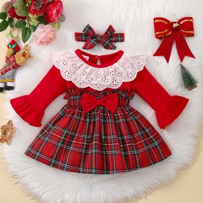 2pcs Baby Girl 95% Cotton Long-sleeve Spliced Plaid Bow Front Ruffle Collar Dress with Headband Set