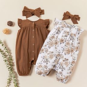 2-teiliges Baby-Mädchen, 100 % Baumwolle, einfarbig/Blumendruck, Flatterärmel, Druckknopf-Strampler mit Stirnband-Set