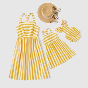 White and Yellow Stripe Matching Sling Midi Dresses