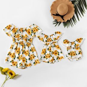Sunflower Print Ruffle Off-shoulder Matching Shorts Rompers
