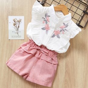 Conjunto de blusa com bordado floral e babados e calções