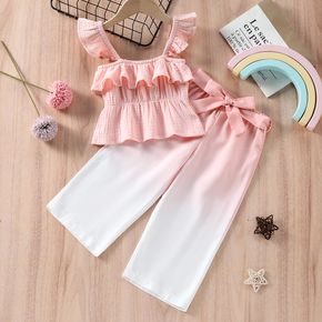 2pcs Baby Girl Pink Ruffle Trim Crepe Tank Top and Ombre Belted Pants Set