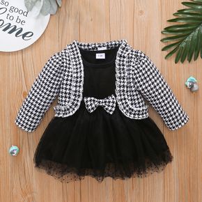 2pcs Baby Long-sleeve Plaid Cardigan and Tutu Mesh Dress Set